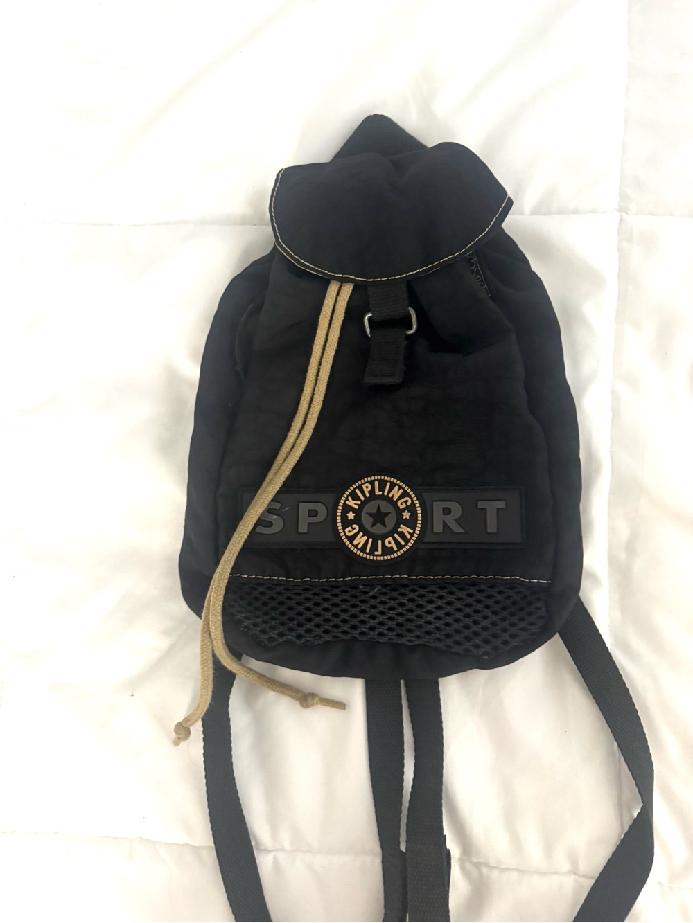 Kipling Black Backpack with Tan Drawcord Accent